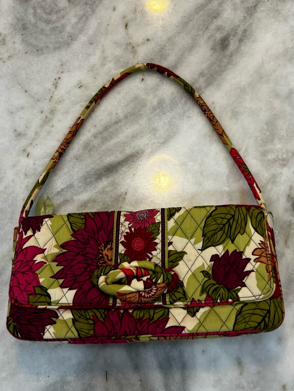 Vera Bradley Quilted Floral Shoulder Bag in Olive Green & Magenta